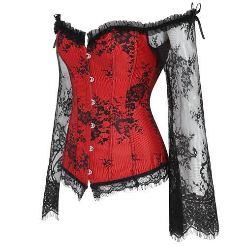 Red Corset Top Waist Shaper Lace Women Steampunk Sexy Long Sleeve Plus Size