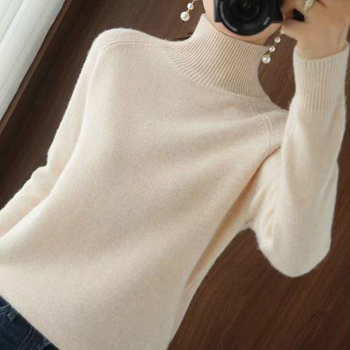 Women Turtleneck Autumn Winter Sloid Knitted Casual Pullover Sweaters-White