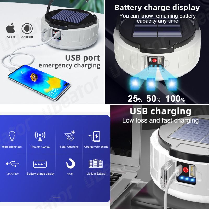 Solar USB Charging Portable Hook Strong LED Camping Light Lanterns 3 Gears Dimming Emergency Power