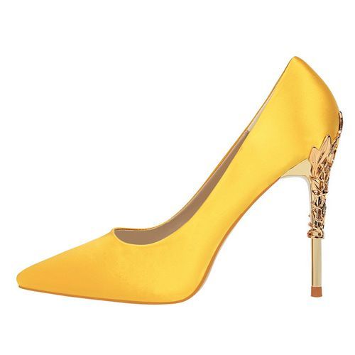 Ladies Heels Metallic Carved Suede Bride Sandals Yellow