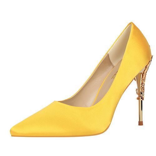 Ladies Heels Metallic Carved Suede Bride Sandals Yellow