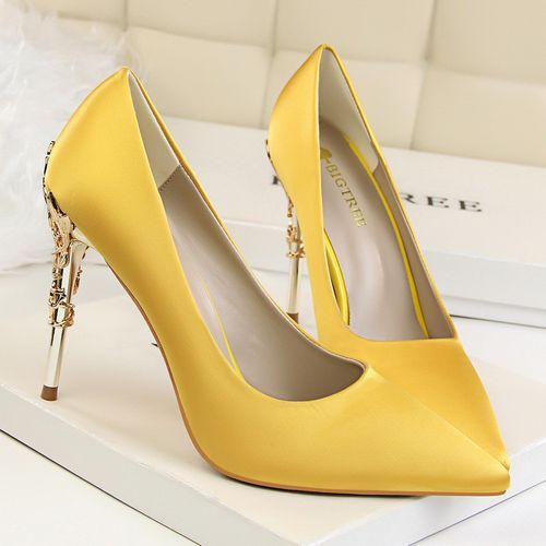 Ladies Heels Metallic Carved Suede Bride Sandals Yellow