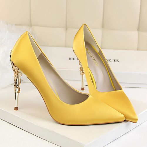 Ladies Heels Metallic Carved Suede Bride Sandals Yellow