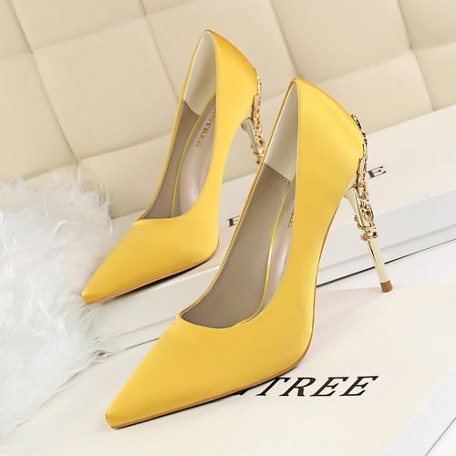 Ladies Heels Metallic Carved Suede Bride Sandals Yellow