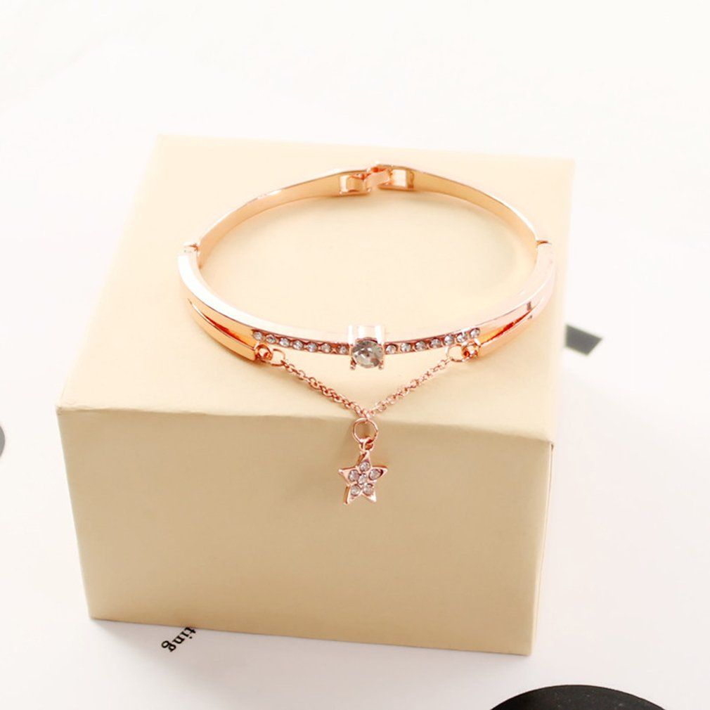Female Romantic Starry Sky Wristwatch Bracelet Leather Rhinestone Designer-rose Gold