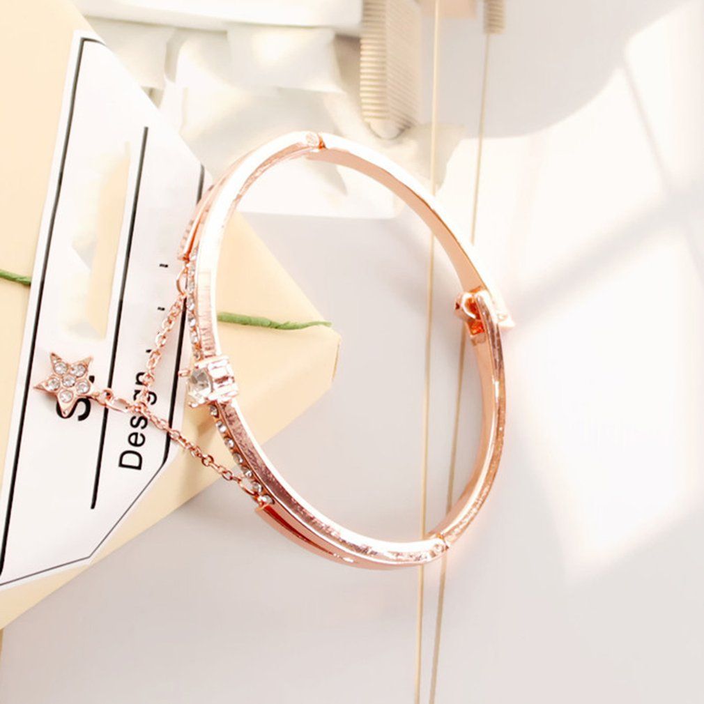 Female Romantic Starry Sky Wristwatch Bracelet Leather Rhinestone Designer-rose Gold