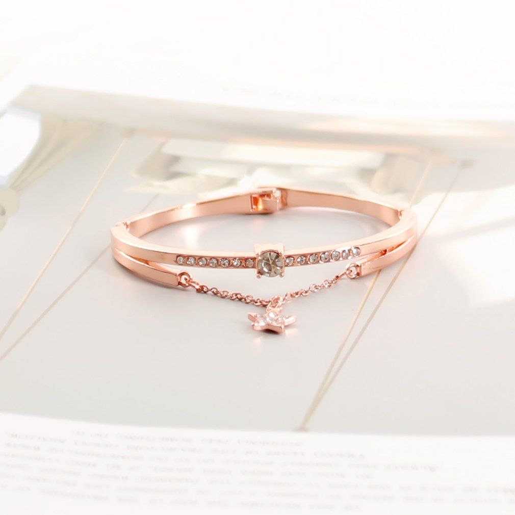 Female Romantic Starry Sky Wristwatch Bracelet Leather Rhinestone Designer-rose Gold