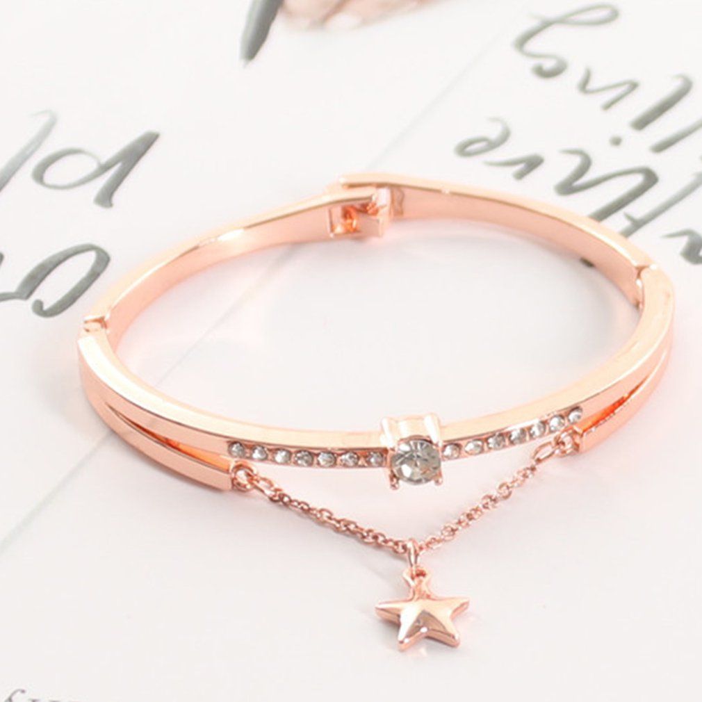 Female Romantic Starry Sky Wristwatch Bracelet Leather Rhinestone Designer-rose Gold