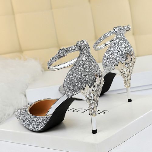 Women's Heel Metallic Carved Sequins Sexy Sandals Silver