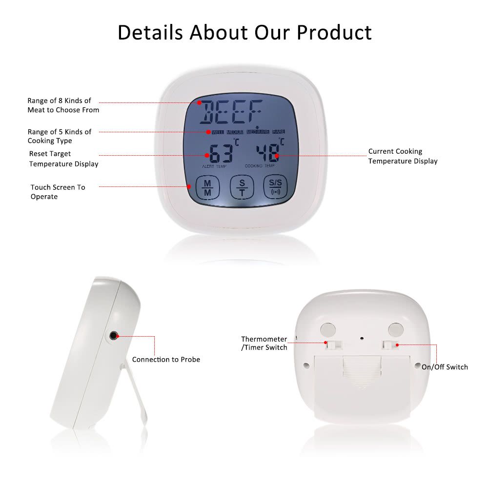 Digital Touch Screen Backlight Meat Cooking Thermometer With