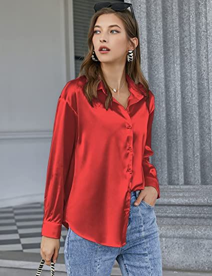 Satin Button Down Women Ladies Long Sleeve  Work Shirt Top- Red