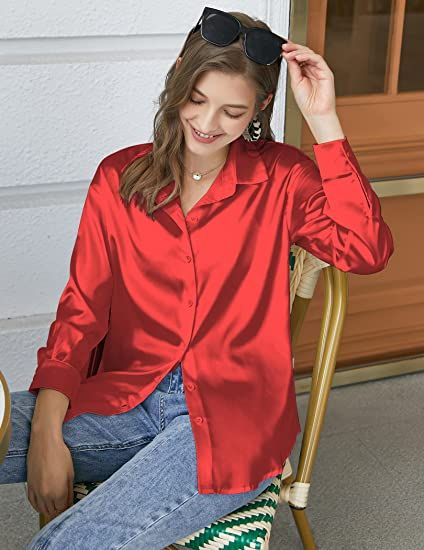 Satin Button Down Women Ladies Long Sleeve  Work Shirt Top- Red