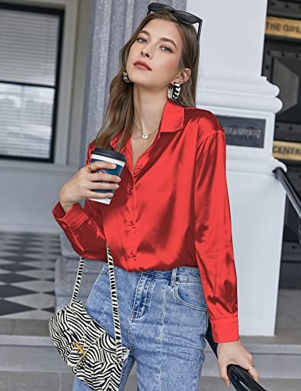 Satin Button Down Women Ladies Long Sleeve  Work Shirt Top- Red