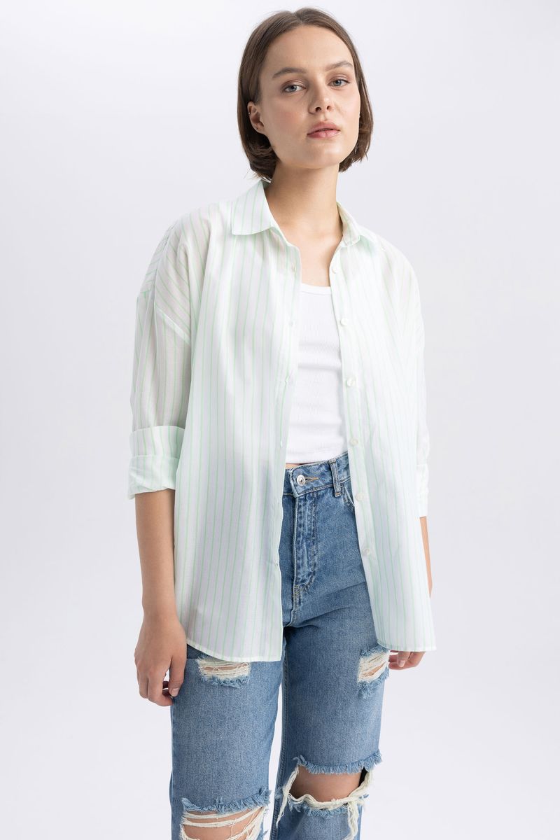 Woman Young Oversize Fit Shirt Neck Woven Long Sleeve Shirt - Green