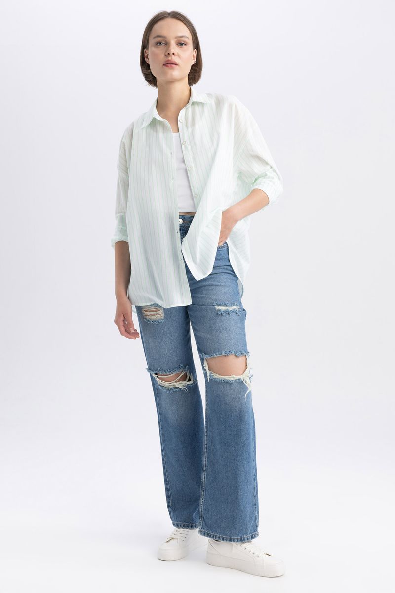 Woman Young Oversize Fit Shirt Neck Woven Long Sleeve Shirt - Green