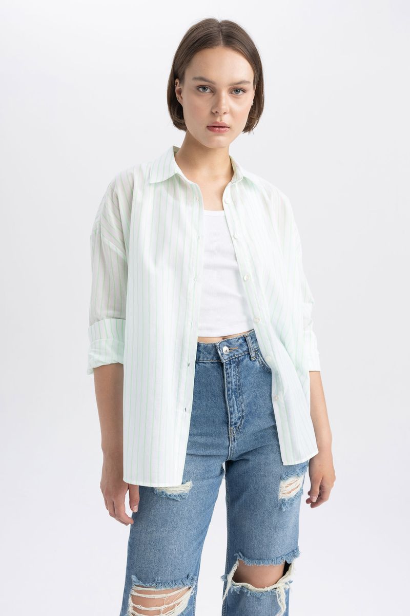 Woman Young Oversize Fit Shirt Neck Woven Long Sleeve Shirt - Green