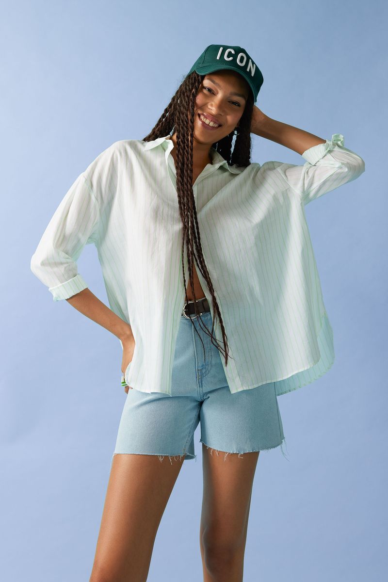 Woman Young Oversize Fit Shirt Neck Woven Long Sleeve Shirt - Green