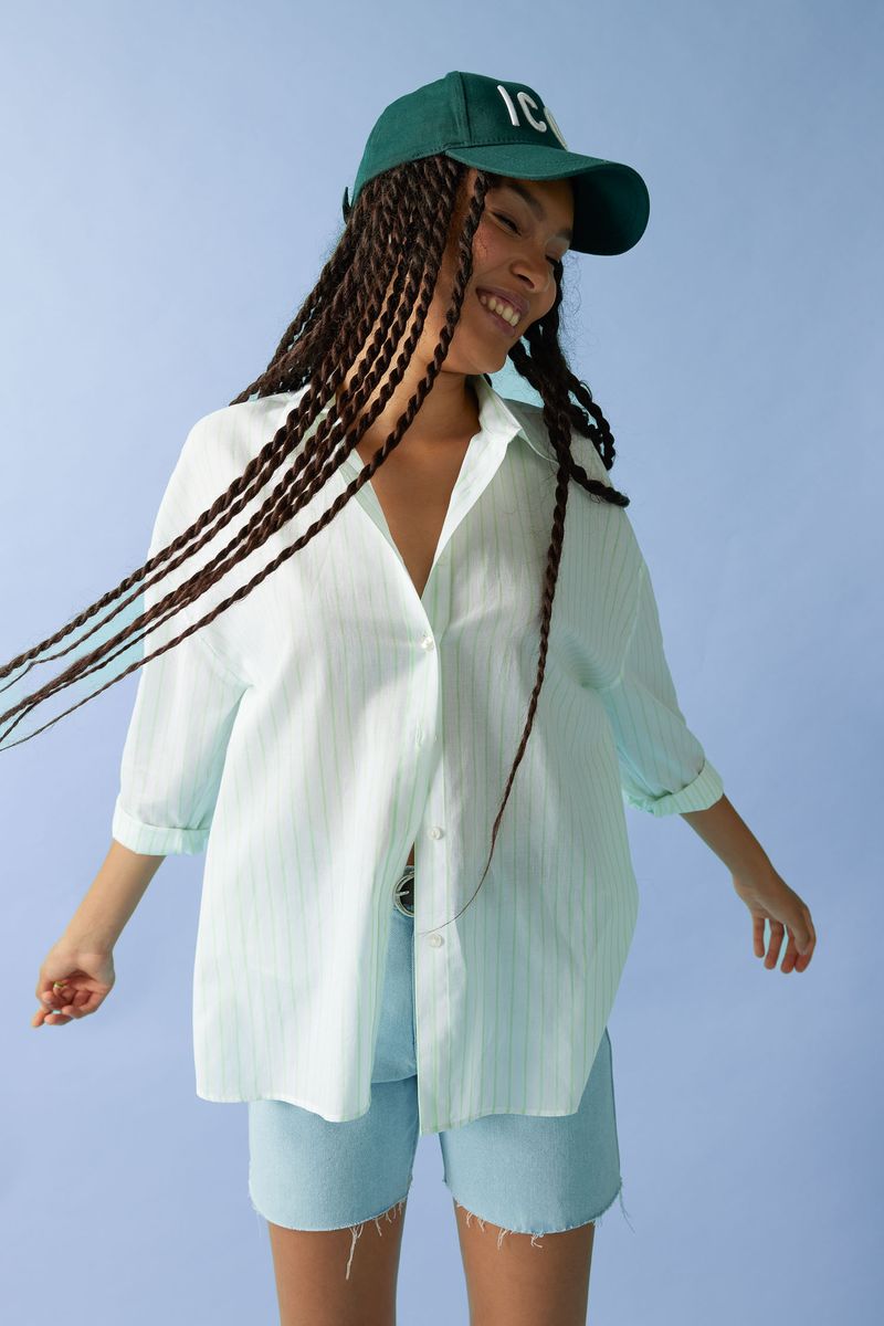 Woman Young Oversize Fit Shirt Neck Woven Long Sleeve Shirt - Green