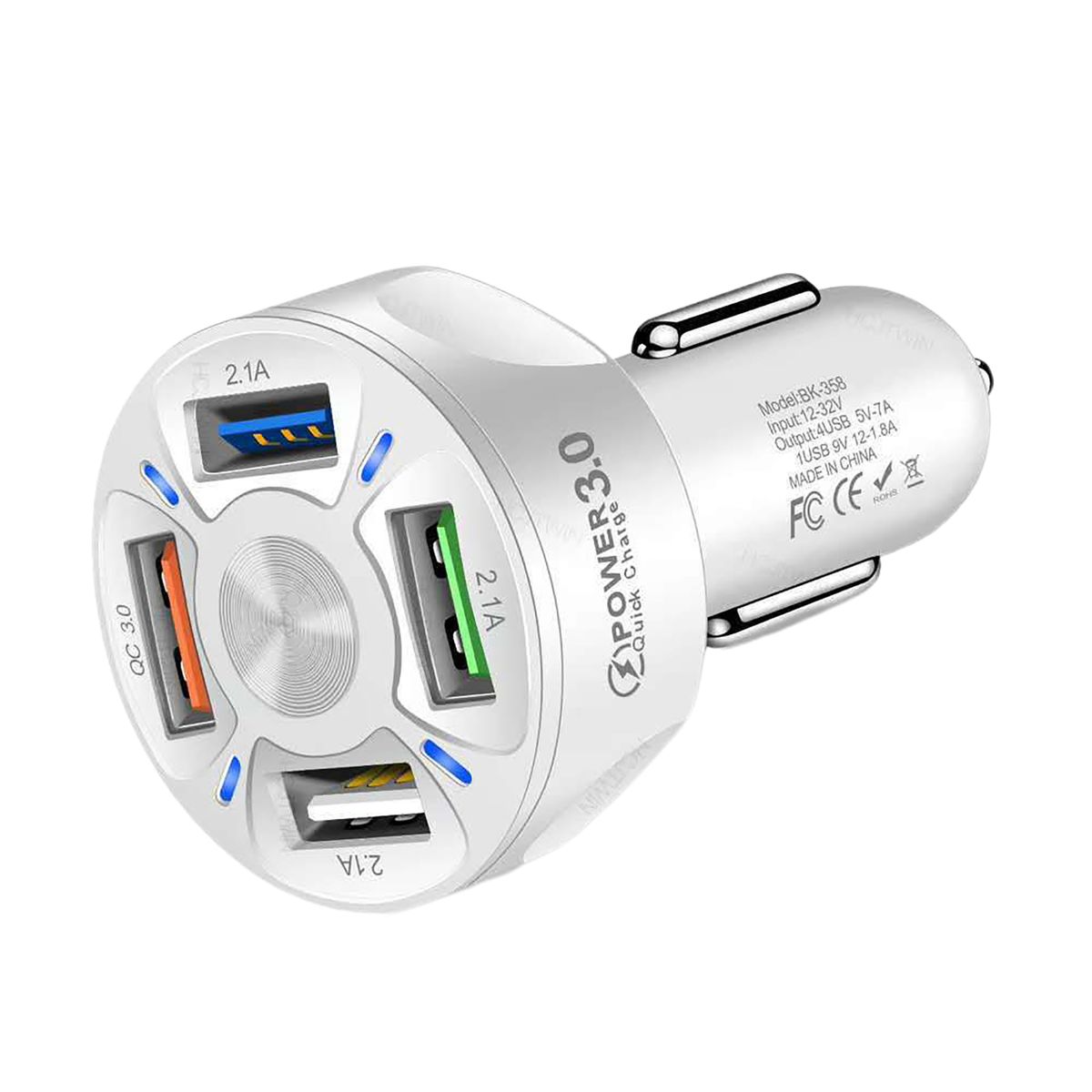 Charger QC3.0 Fast Charging 4 USB Ports Mini Car-White