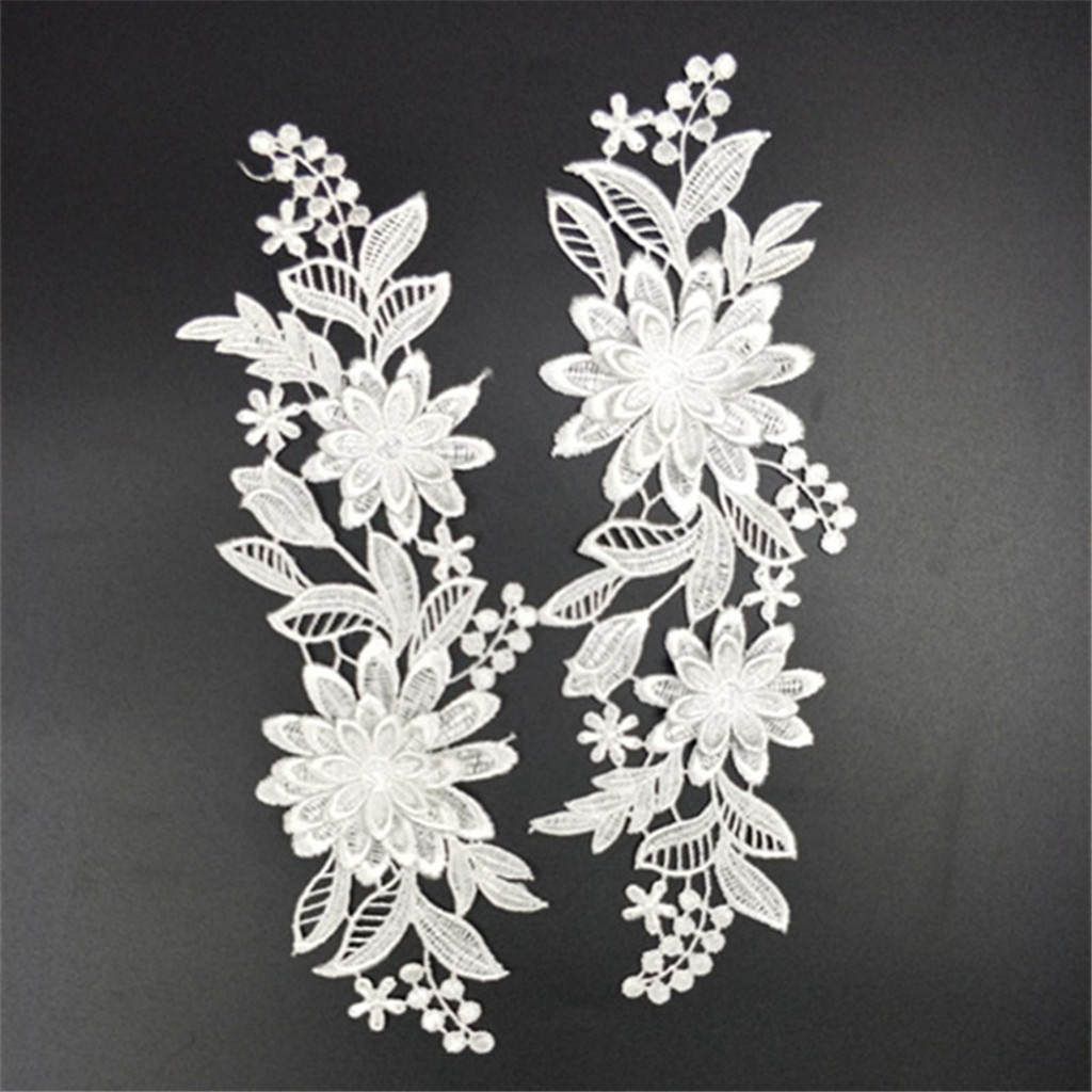 1 Pair White Flower Lace Trims Embroidery Sewing Bridal Dress