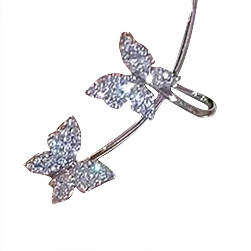 1 Pair Clip Earrings Butterfly Rhinestone Jewelry-Silver
