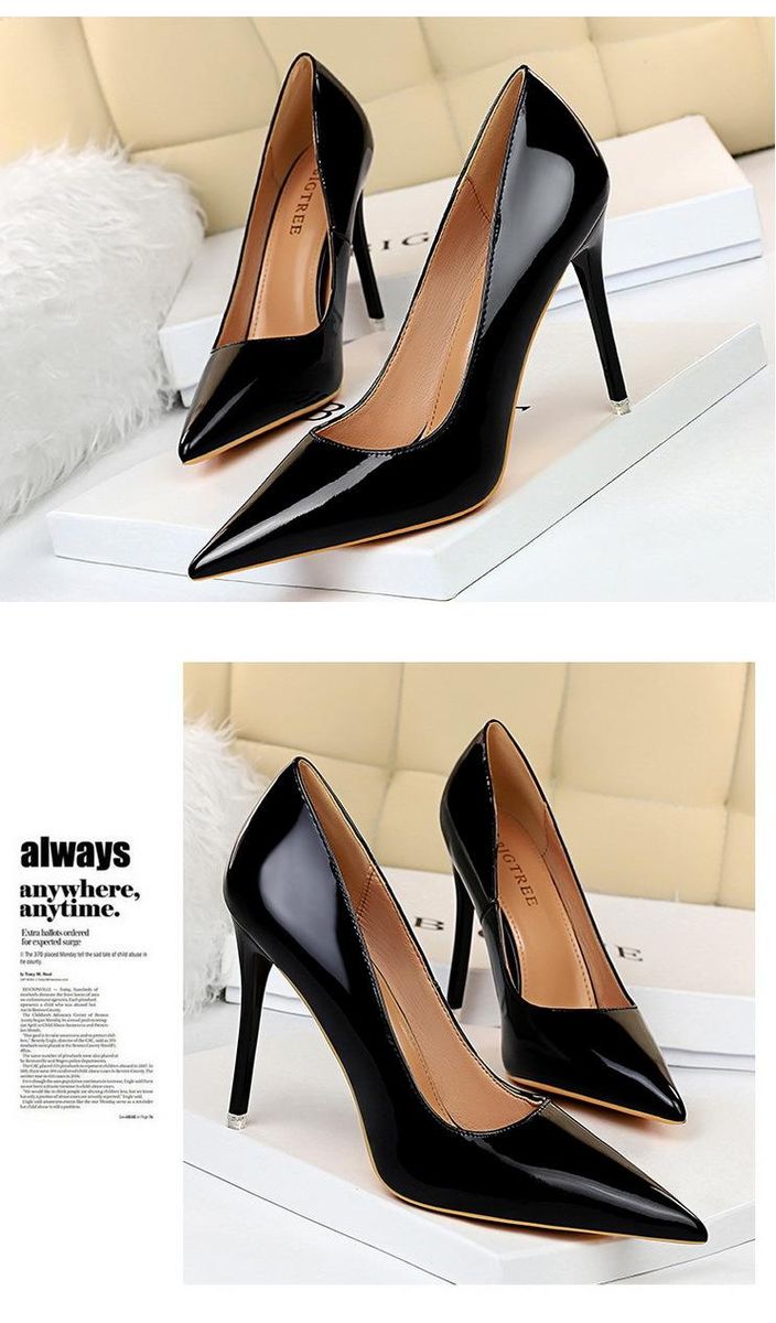 Women's high heels 7.5CM-6 simple shiny pointed high heels Black