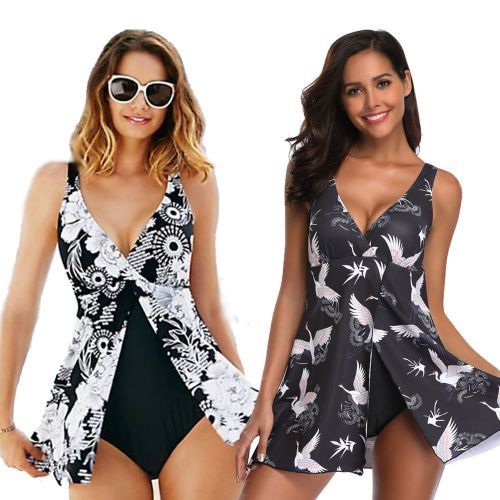 New Plus Size XXXL One Piece Swimsuit With Skirt Sexy Deep V Print Bird Vintage Big Swimwear Beach Large 5XL Bathing Suit(#Blue)