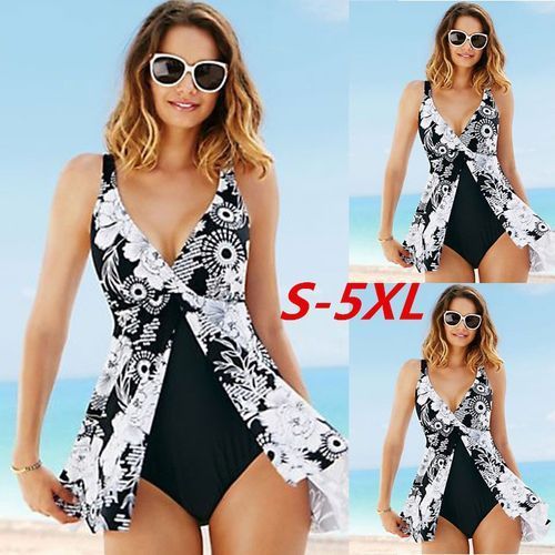 New Plus Size XXXL One Piece Swimsuit With Skirt Sexy Deep V Print Bird Vintage Big Swimwear Beach Large 5XL Bathing Suit(#Blue)