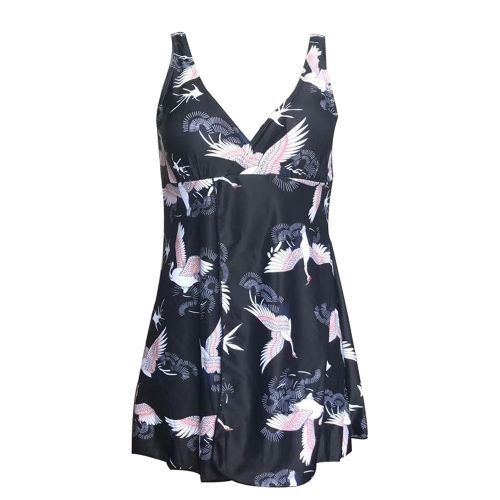 New Plus Size XXXL One Piece Swimsuit With Skirt Sexy Deep V Print Bird Vintage Big Swimwear Beach Large 5XL Bathing Suit(#Blue)