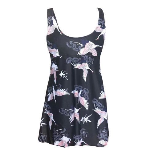 New Plus Size XXXL One Piece Swimsuit With Skirt Sexy Deep V Print Bird Vintage Big Swimwear Beach Large 5XL Bathing Suit(#Blue)