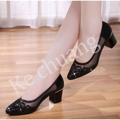 Ladies Net Yarn Rhinestone Single Shoes-Black
