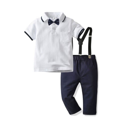2 Pcs Little Boy Outfit Bow Polo Shirt Matching Suspender Pants