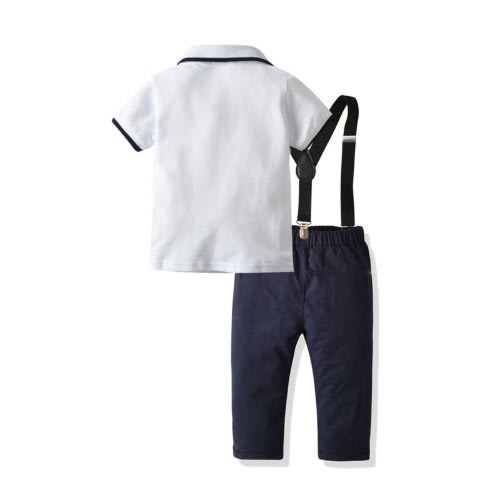 2 Pcs Little Boy Outfit Bow Polo Shirt Matching Suspender Pants