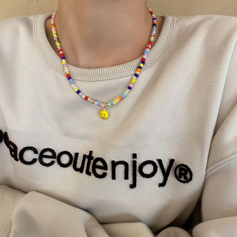 Multi Colour Rice Bead Smiley Face Choker Necklace