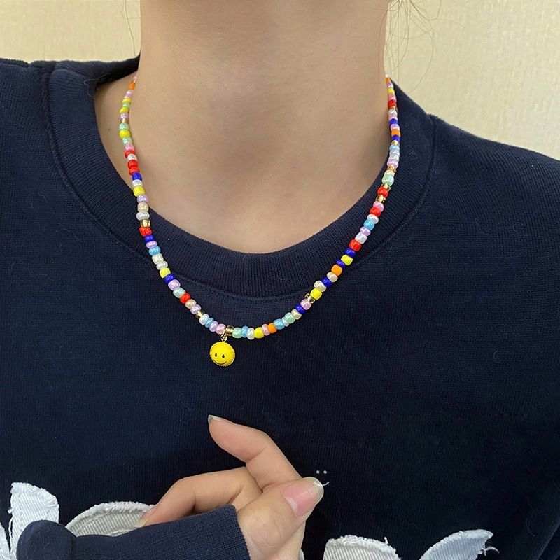 Multi Colour Rice Bead Smiley Face Choker Necklace