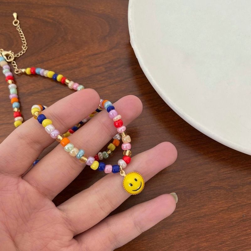 Multi Colour Rice Bead Smiley Face Choker Necklace