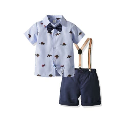 2-piece Boy Set Bow Stripe Dinosaur Print Shirt & Suspender Shorts