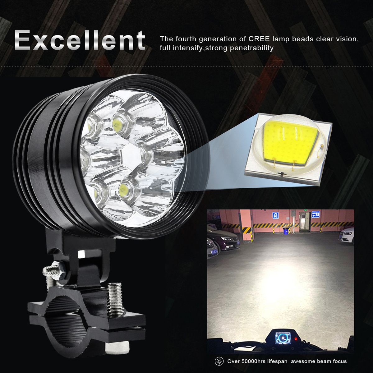 1PCS Super Bright White Motorcycle 60W LED Spotlight