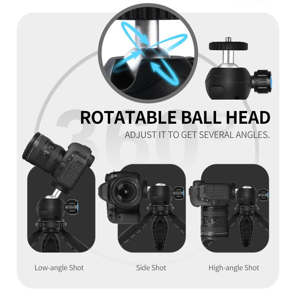 Portable Desktop Tripod for Phone/DSLR/Mirrorless Camera Rotatable Ball Head/1/4'' Screw/2 Availavle Heights/Phone Mounting Seat, Black