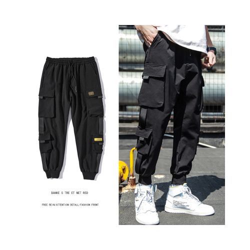 Men Black Pocket Casual Pants Cargo Pants Harem Joggers