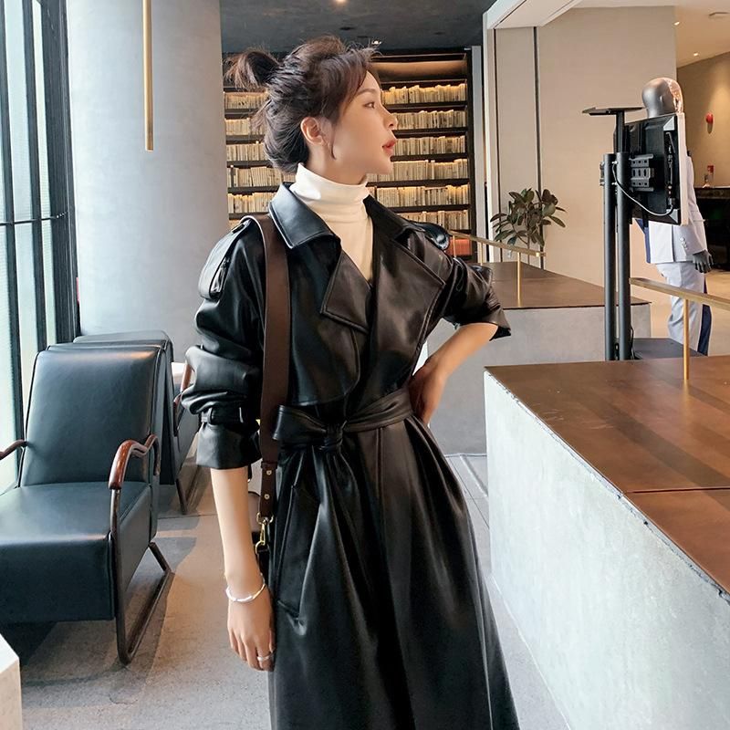 2022 Autumn New Korean Oversize Fashion Goddess Style Mid length Style PU Leather Windbreaker Style