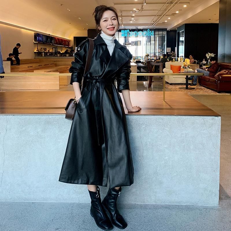 2022 Autumn New Korean Oversize Fashion Goddess Style Mid length Style PU Leather Windbreaker Style