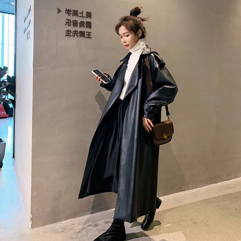 2022 Autumn New Korean Oversize Fashion Goddess Style Mid length Style PU Leather Windbreaker Style