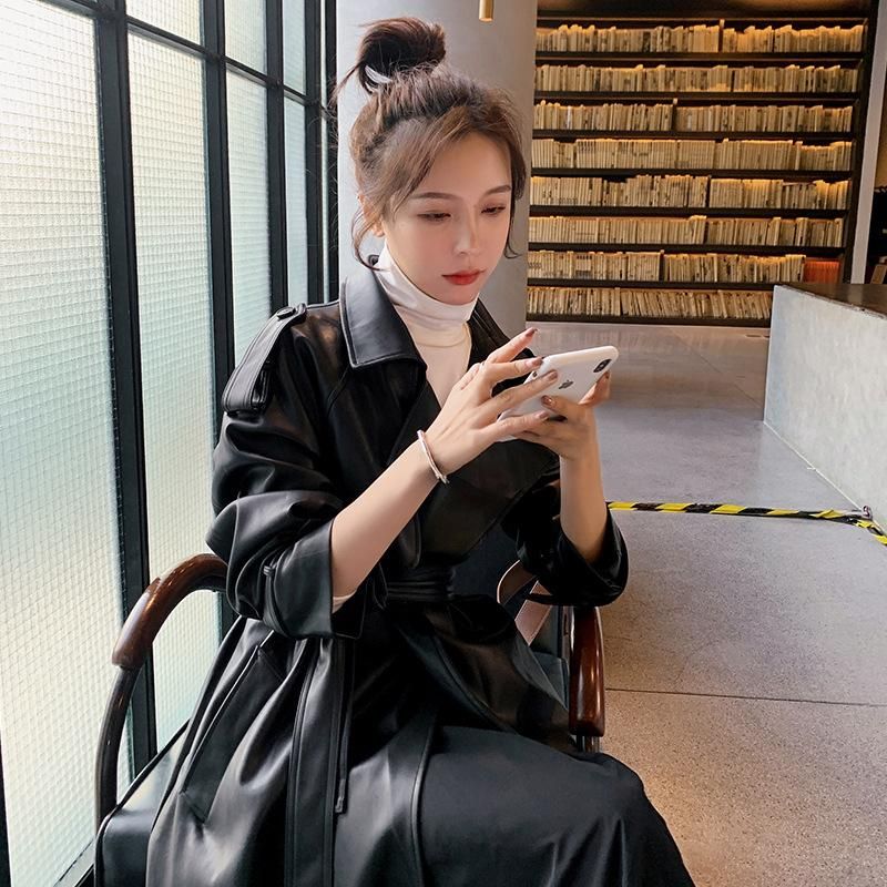 2022 Autumn New Korean Oversize Fashion Goddess Style Mid length Style PU Leather Windbreaker Style