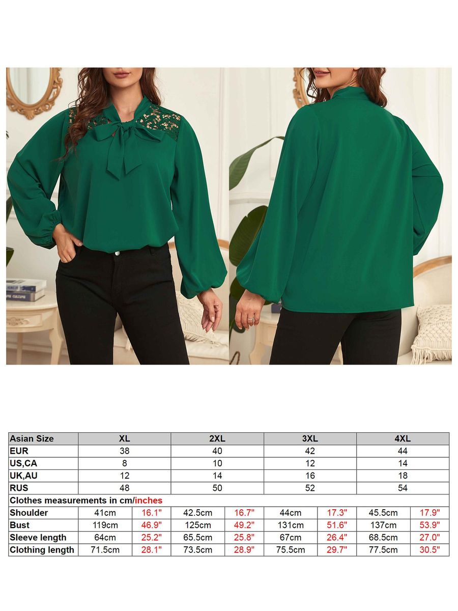 Women Plus Size Blouse Neck Tie Long Sleeve Lace Casual Shirts
