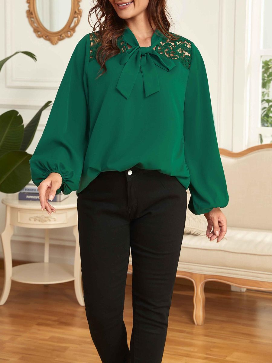Women Plus Size Blouse Neck Tie Long Sleeve Lace Casual Shirts
