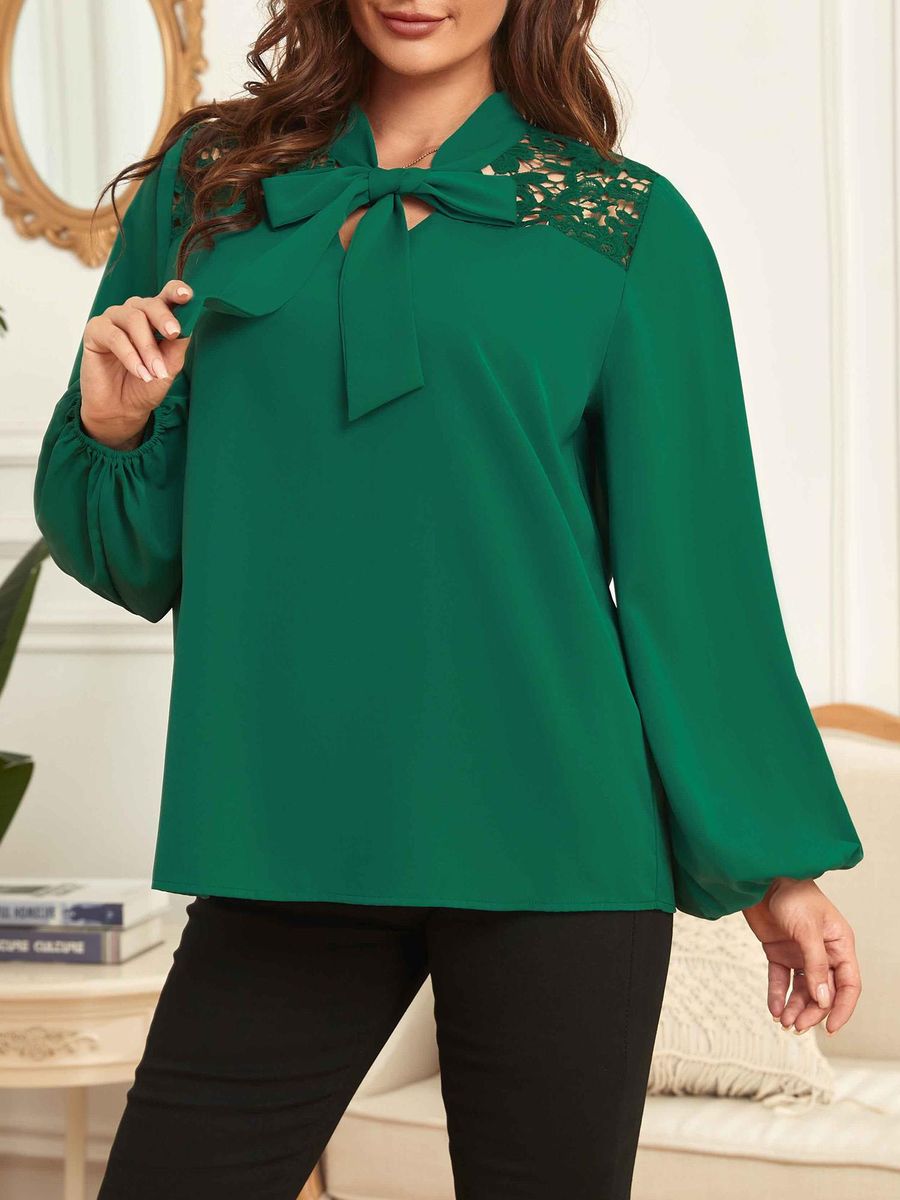 Women Plus Size Blouse Neck Tie Long Sleeve Lace Casual Shirts