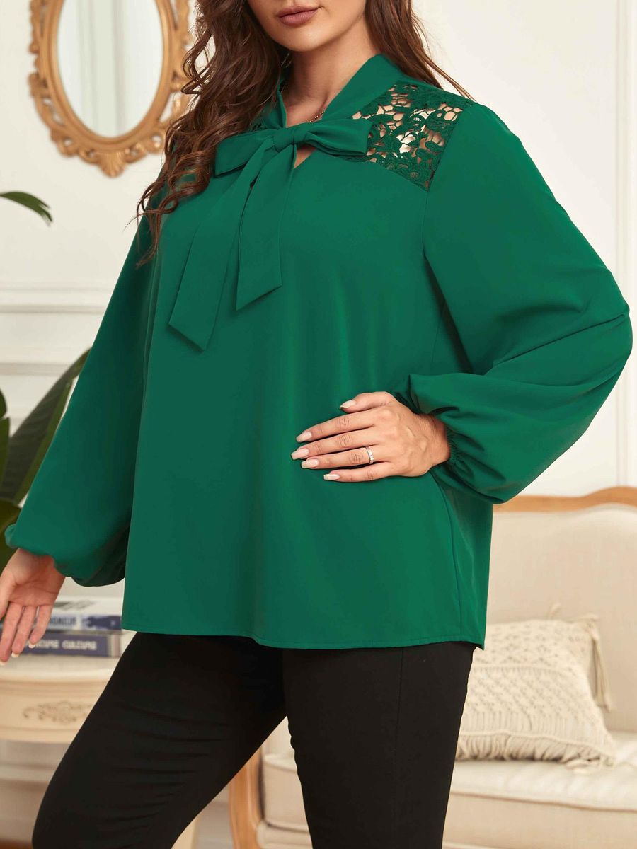 Women Plus Size Blouse Neck Tie Long Sleeve Lace Casual Shirts