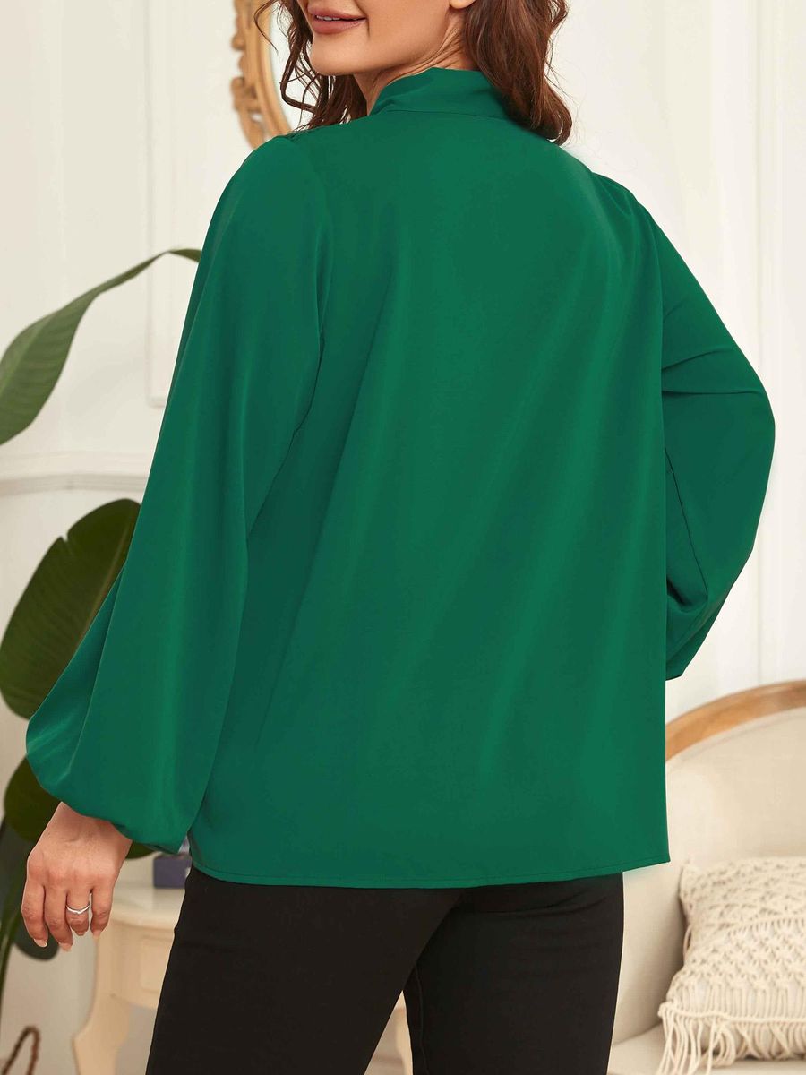 Women Plus Size Blouse Neck Tie Long Sleeve Lace Casual Shirts