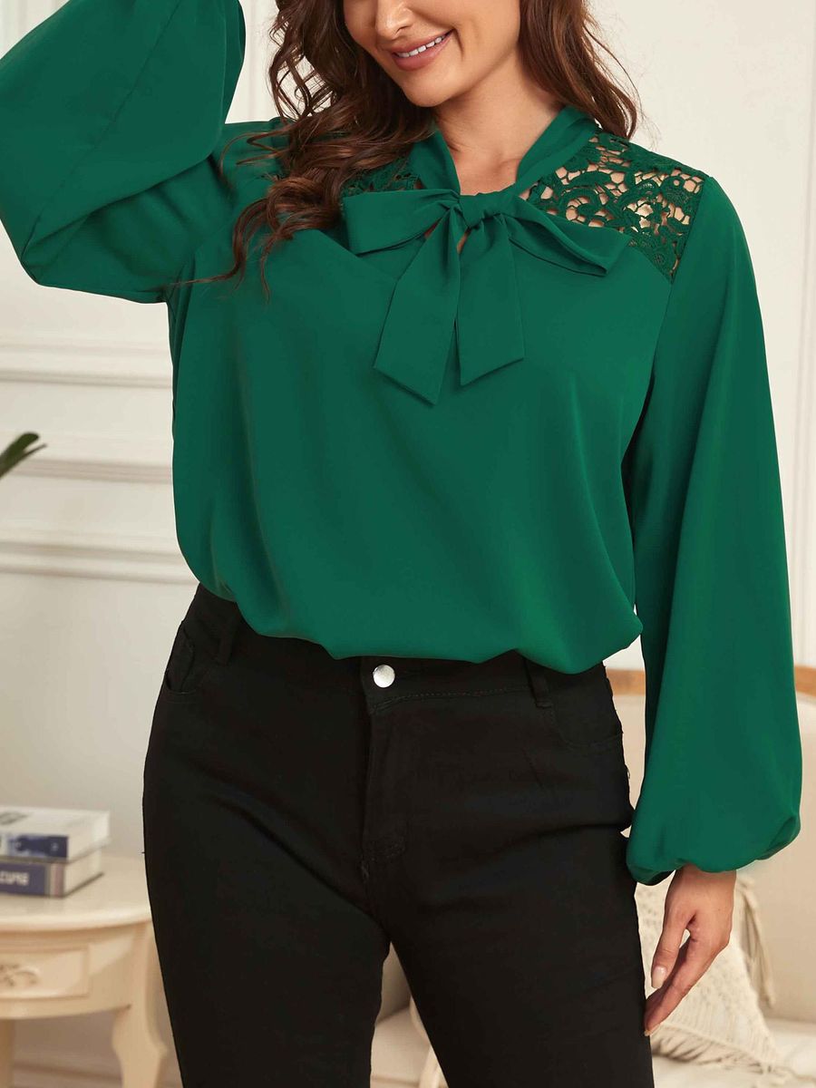 Women Plus Size Blouse Neck Tie Long Sleeve Lace Casual Shirts